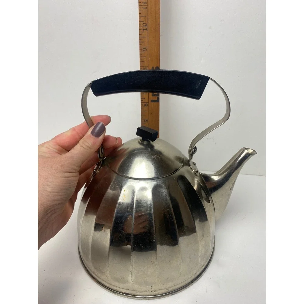 Vintage Soviet USSR Tea Kettle Nickel Plated Bronze Bakelite Handle Melon Shape
